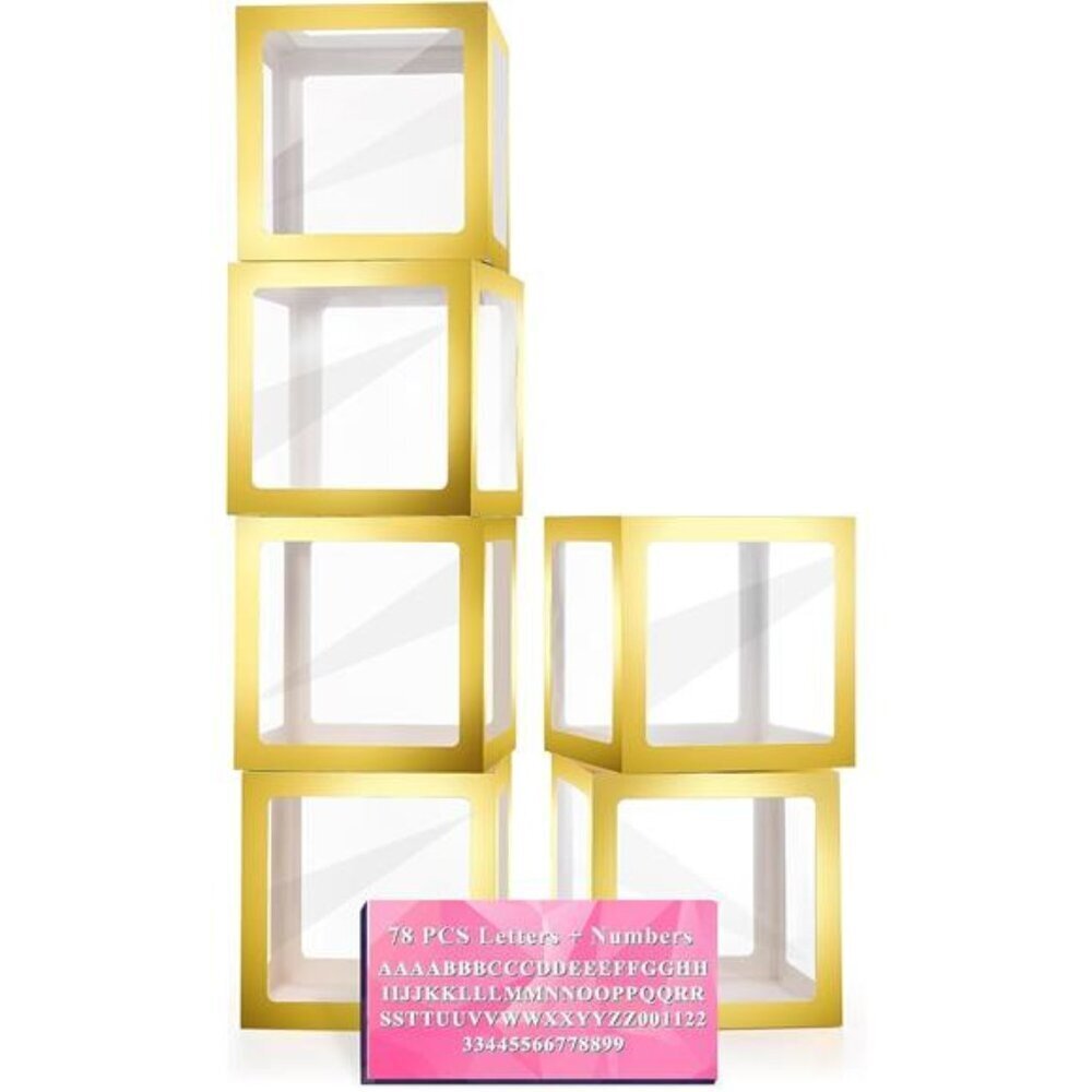 Transparent Balloon Boxes Set of 6 with 78 Golden Letters